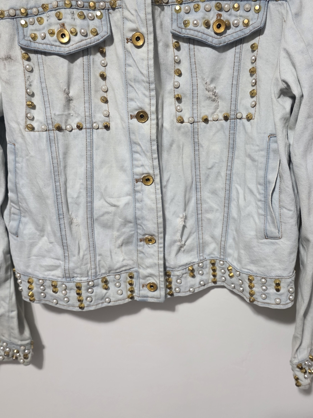 Studded Embroidered Light Blue Denim Jacket by Faded Glory - Picture 4 of 15